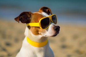 A cute dog wearing yellow sunglasses