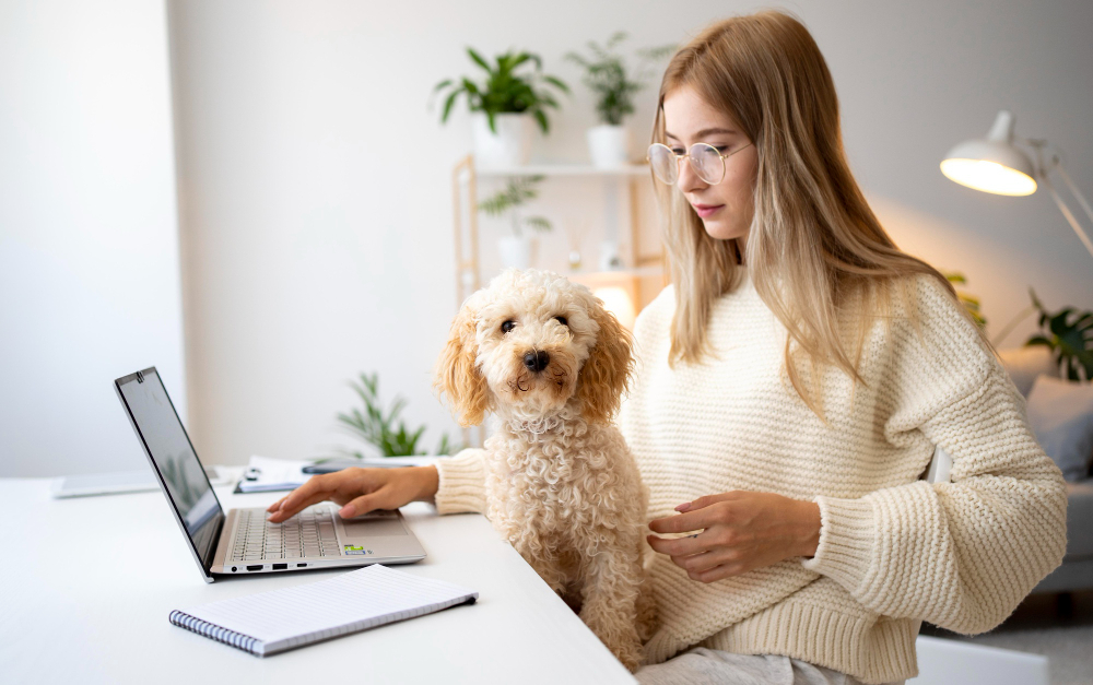Women working at home with cute poodle