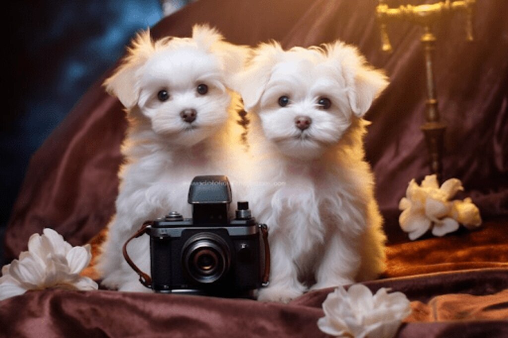 two small white dogs sitting next to a camera