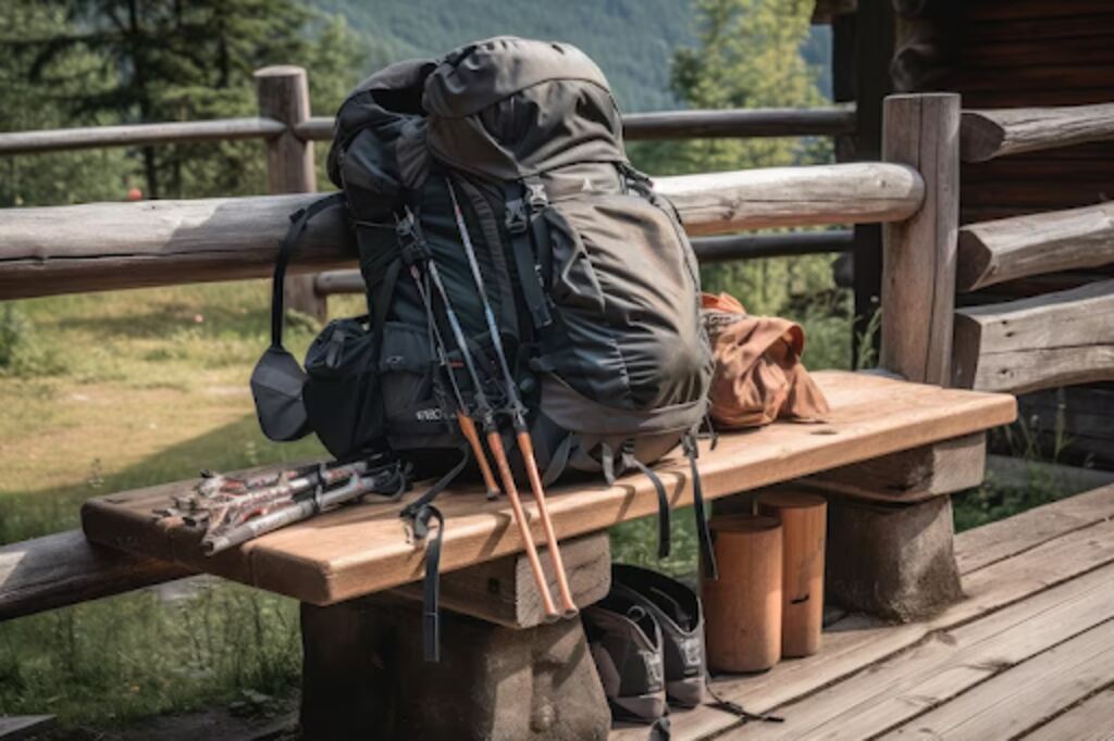 Hiking backpack with trekking poles and other essential equipment on a wooden bench
